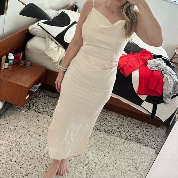 Zara Dresses & Skirts - Zara ivory cream midi side zip drape front dress small s adjustable straps